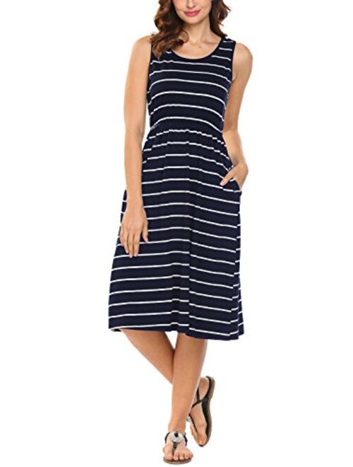 Hount Women's Summer Sleeveless Striped Empire Waist Loose Midi Casual Dress with Pockets