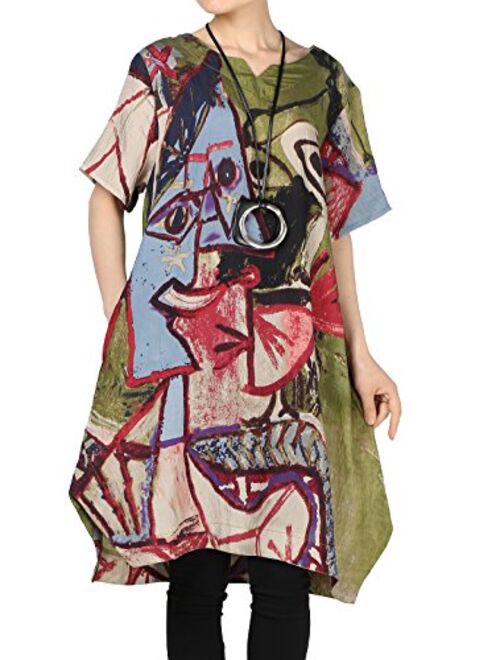 Mordenmiss Women's Summer Abstract Printing Baggy Dress with Pockets