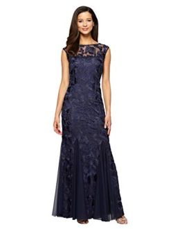 Long Embroidered Fit-and-Flare Dress with Godet Detail Skirt and Shawl