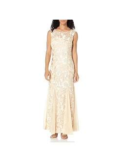 Long Embroidered Fit-and-Flare Dress with Godet Detail Skirt and Shawl