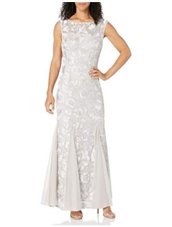 Long Embroidered Fit-and-Flare Dress with Godet Detail Skirt and Shawl