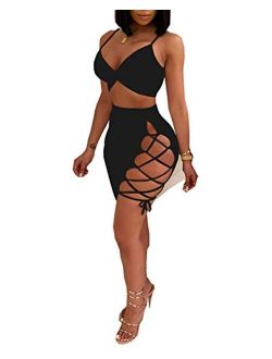 Women's Sleeveless Sexy Club Party Bandage Dresses Spaghetti Strap Two Piece Clubwear Crop Top + Lace Up Skirt