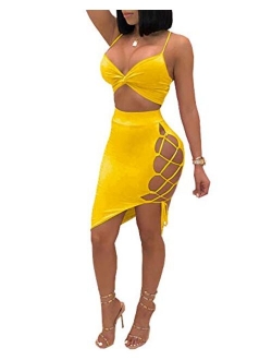 Women's Sleeveless Sexy Club Party Bandage Dresses Spaghetti Strap Two Piece Clubwear Crop Top + Lace Up Skirt