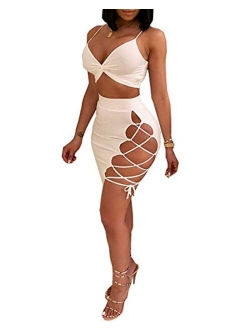 Women's Sleeveless Sexy Club Party Bandage Dresses Spaghetti Strap Two Piece Clubwear Crop Top + Lace Up Skirt