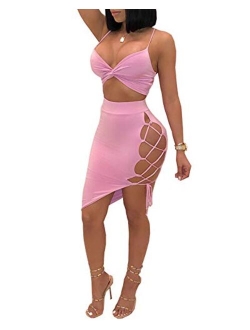 Women's Sleeveless Sexy Club Party Bandage Dresses Spaghetti Strap Two Piece Clubwear Crop Top + Lace Up Skirt