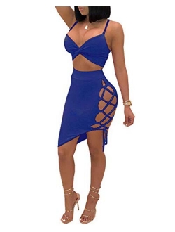 Women's Sleeveless Sexy Club Party Bandage Dresses Spaghetti Strap Two Piece Clubwear Crop Top + Lace Up Skirt