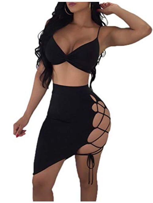 Women's Sleeveless Sexy Club Party Bandage Dresses Spaghetti Strap Two Piece Clubwear Crop Top + Lace Up Skirt