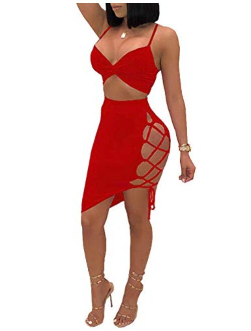 Women's Sleeveless Sexy Club Party Bandage Dresses Spaghetti Strap Two Piece Clubwear Crop Top + Lace Up Skirt