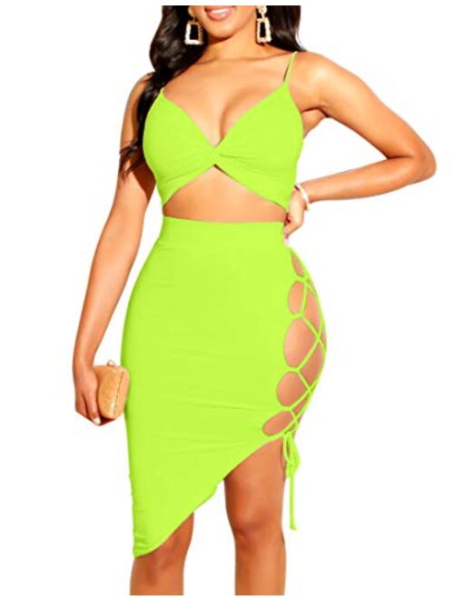 Women's Sleeveless Sexy Club Party Bandage Dresses Spaghetti Strap Two Piece Clubwear Crop Top + Lace Up Skirt