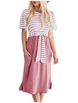 Women's Summer Striped Ruffle Sleeves Tie Waist Pockets Casual Swing Midi Dress