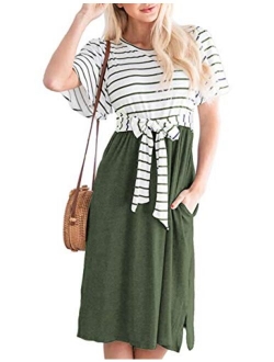 Women's Summer Striped Ruffle Sleeves Tie Waist Pockets Casual Swing Midi Dress