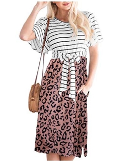 Women's Summer Striped Ruffle Sleeves Tie Waist Pockets Casual Swing Midi Dress