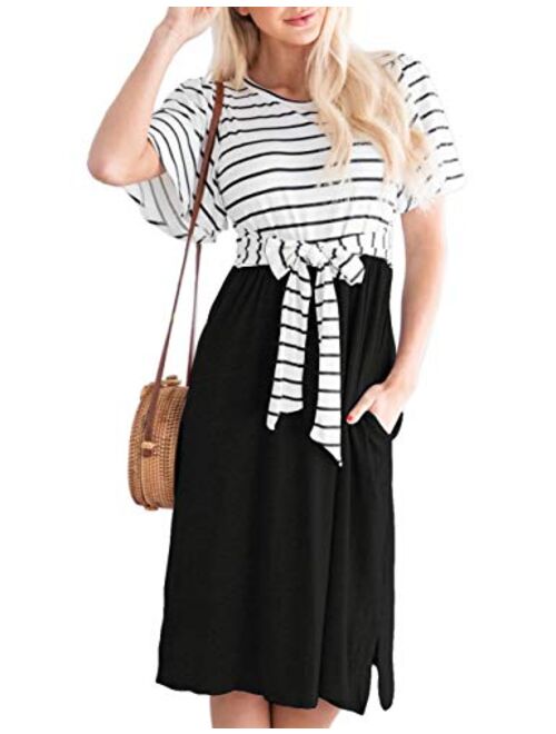 MEROKEETY Women's Summer Striped Ruffle Sleeves Tie Waist Pockets Casual Swing Midi Dress