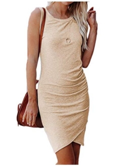 Qearal Womens 2020 Casual Crew Neck Ruched Stretchy Tulip Hem Bodycon Short Mini Dress T Shirt Sheath Dresses