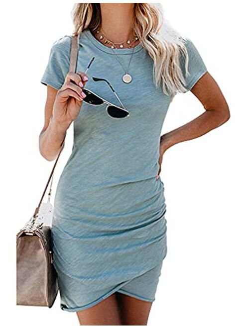 Qearal Womens 2020 Casual Crew Neck Ruched Stretchy Tulip Hem Bodycon Short Mini Dress T Shirt Sheath Dresses