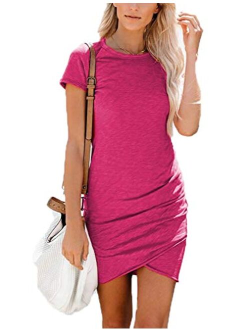 Qearal Womens 2020 Casual Crew Neck Ruched Stretchy Tulip Hem Bodycon Short Mini Dress T Shirt Sheath Dresses