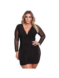 ROSIANNA Women's V-Neck Lace Mesh See Through Perspective Bodycon Clubwear Mini Short Plus Size Night Party Dresses