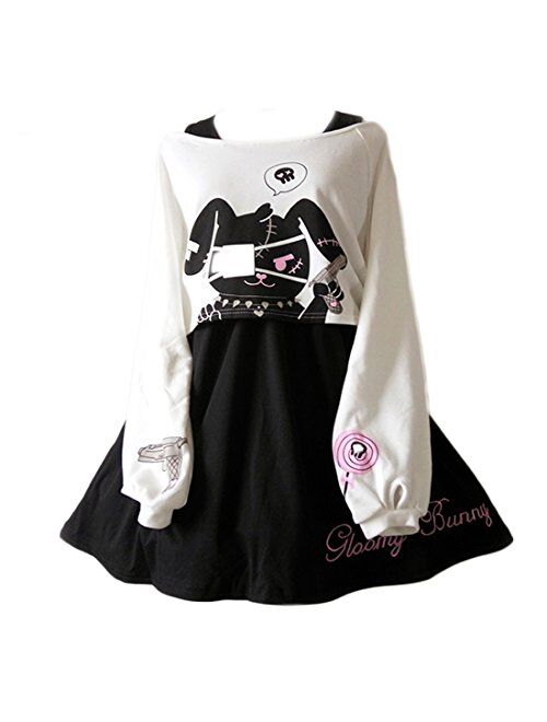 Cute Dress for Teens Girl Two Piece Set Bunny Prints Casual Cotton Dresses for Spring Autumn