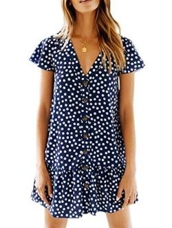 Chuanqi Womens Polka Dot V Neck Button Down Ruffles Casual Loose Swing Short Mini T-Shirt Dress