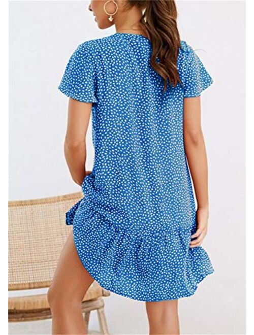 Chuanqi Womens Polka Dot V Neck Button Down Ruffles Casual Loose Swing Short Mini T-Shirt Dress