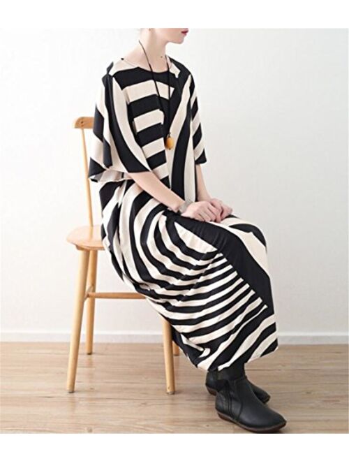 YESNO JCT Women Long Loose Maxi Dress Striped Sheer Dress Bat-Wing Sleeve