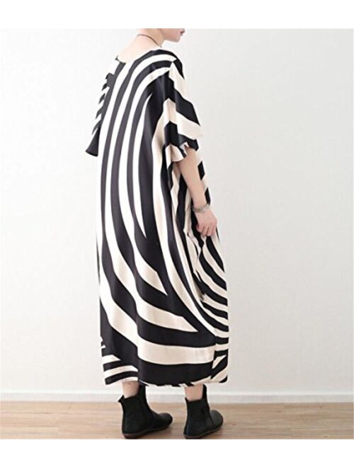 YESNO JCT Women Long Loose Maxi Dress Striped Sheer Dress Bat-Wing Sleeve