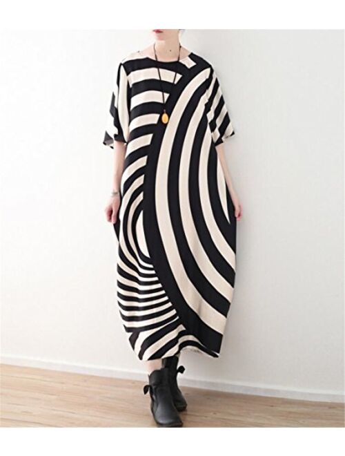 YESNO JCT Women Long Loose Maxi Dress Striped Sheer Dress Bat-Wing Sleeve