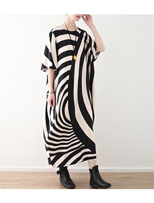 YESNO JCT Women Long Loose Maxi Dress Striped Sheer Dress Bat-Wing Sleeve