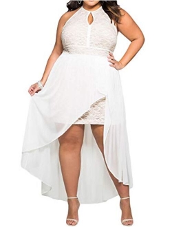 818 - Plus Size Hi Low Lace Overlay Halter Cocktail Wedding Maxi Dress