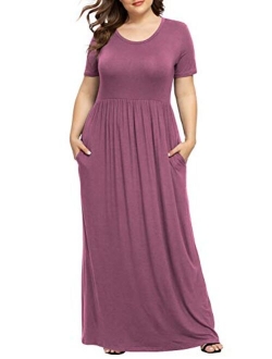 LONGYUAN Women Short Sleeve Casual L-6XL Plus Size Maxi Dress with Pockets