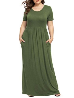 LONGYUAN Women Short Sleeve Casual L-6XL Plus Size Maxi Dress with Pockets