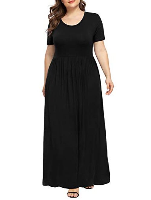 LONGYUAN Women Short Sleeve Casual L-6XL Plus Size Maxi Dress with Pockets