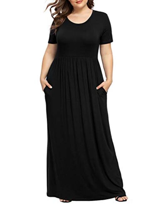 LONGYUAN Women Short Sleeve Casual L-6XL Plus Size Maxi Dress with Pockets