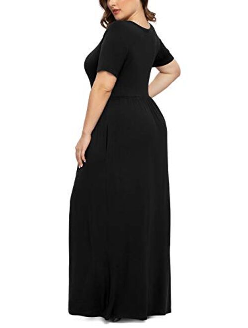 LONGYUAN Women Short Sleeve Casual L-6XL Plus Size Maxi Dress with Pockets