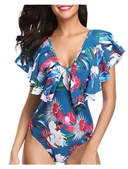 Women One Piece Flounce Ruffle Swimsuit Deep V Neck Plunge Swimwear