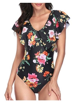 Women One Piece Flounce Ruffle Swimsuit Deep V Neck Plunge Swimwear