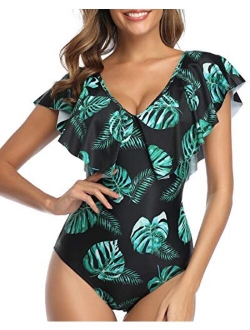 Women One Piece Flounce Ruffle Swimsuit Deep V Neck Plunge Swimwear