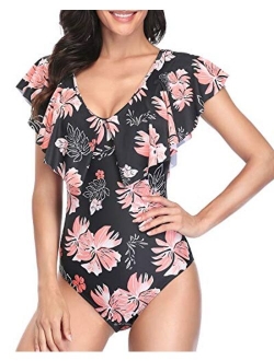 Women One Piece Flounce Ruffle Swimsuit Deep V Neck Plunge Swimwear