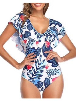 Women One Piece Flounce Ruffle Swimsuit Deep V Neck Plunge Swimwear