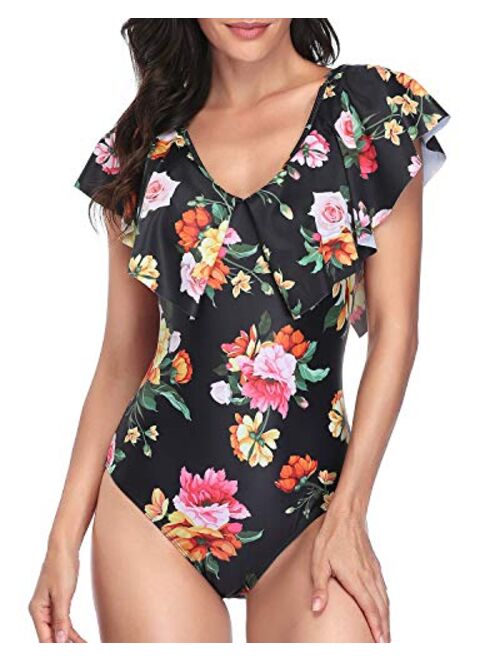 Tempt Me Women One Piece Flounce Ruffle Swimsuit Deep V Neck Plunge Swimwear