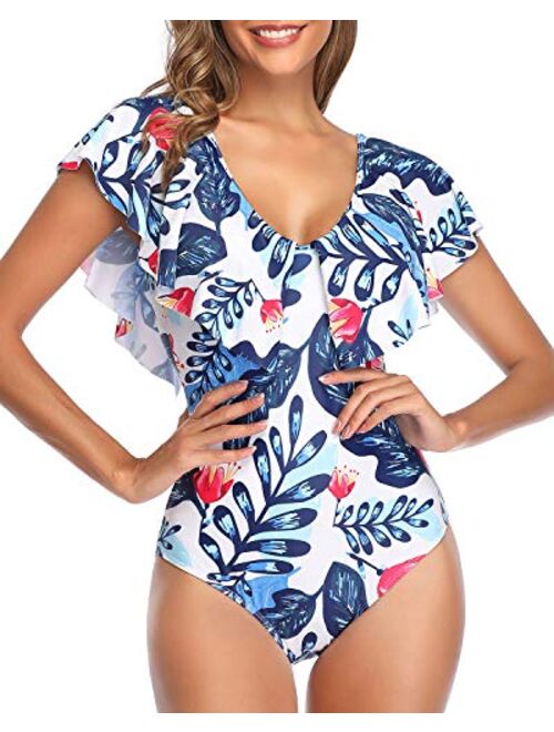 Tempt Me Women One Piece Flounce Ruffle Swimsuit Deep V Neck Plunge Swimwear