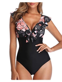 Women Ruffle One Piece Swimsuit Deep V Neck Swimwear Flounce Monokini