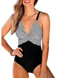 B2prity Women's Monokini Front Cross One Piece Swimsuits Tummy Control Swimwear