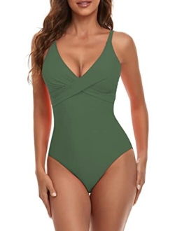 B2prity Women's Monokini Front Cross One Piece Swimsuits Tummy Control Swimwear