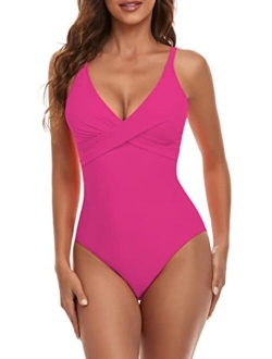 B2prity Women's Monokini Front Cross One Piece Swimsuits Tummy Control Swimwear