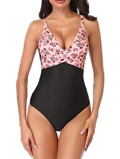 B2prity Women's Monokini Front Cross One Piece Swimsuits Tummy Control Swimwear