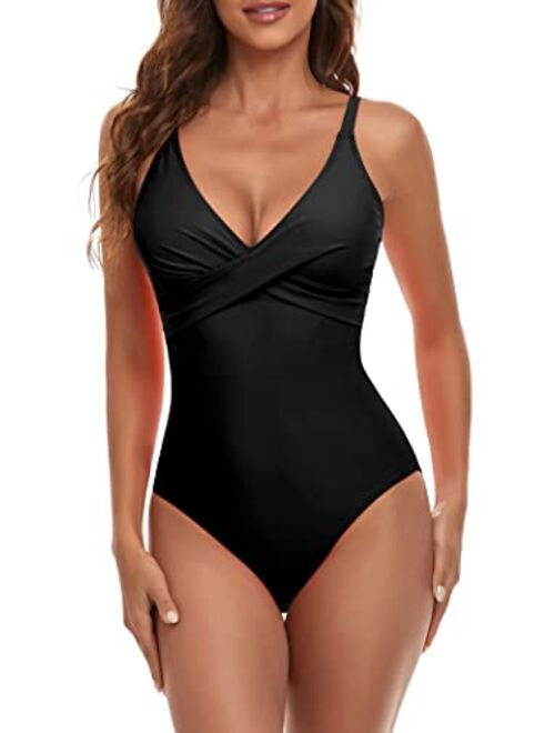 B2prity Women's Monokini Front Cross One Piece Swimsuits Tummy Control Swimwear