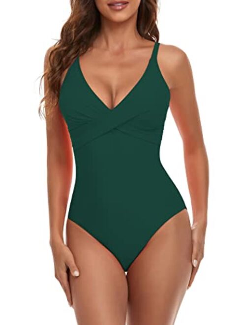 B2prity Women's Monokini Front Cross One Piece Swimsuits Tummy Control Swimwear