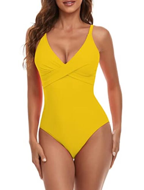 B2prity Women's Monokini Front Cross One Piece Swimsuits Tummy Control Swimwear