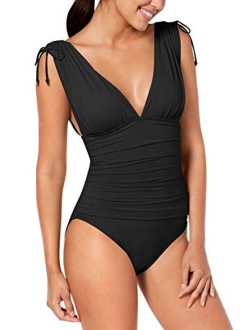 COCOLEGGINGS Women's Plunging V Neck Tummy Control Ruched One Piece Swimsuit